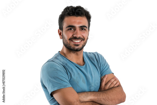 Portrait of a smiling young man wearing casual t-shirt with arms crossed pose, isolated on transparent background