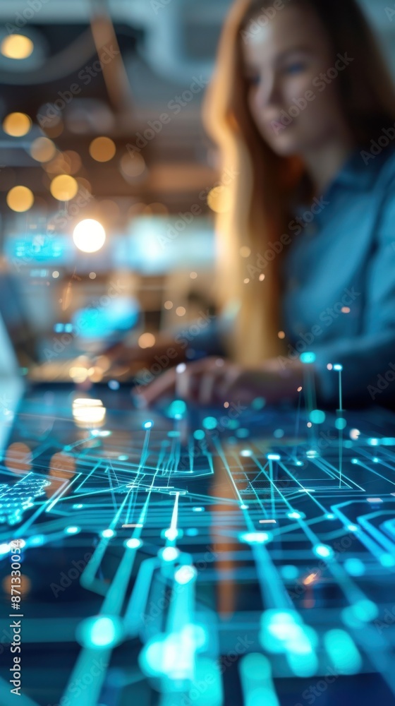 Blurred woman working on futuristic transparent touchscreen display with digital interface, indicating technology and innovation. Blurred woman working on futuristic transparent touchscreen display with digital interface, indicating technology and innovation.