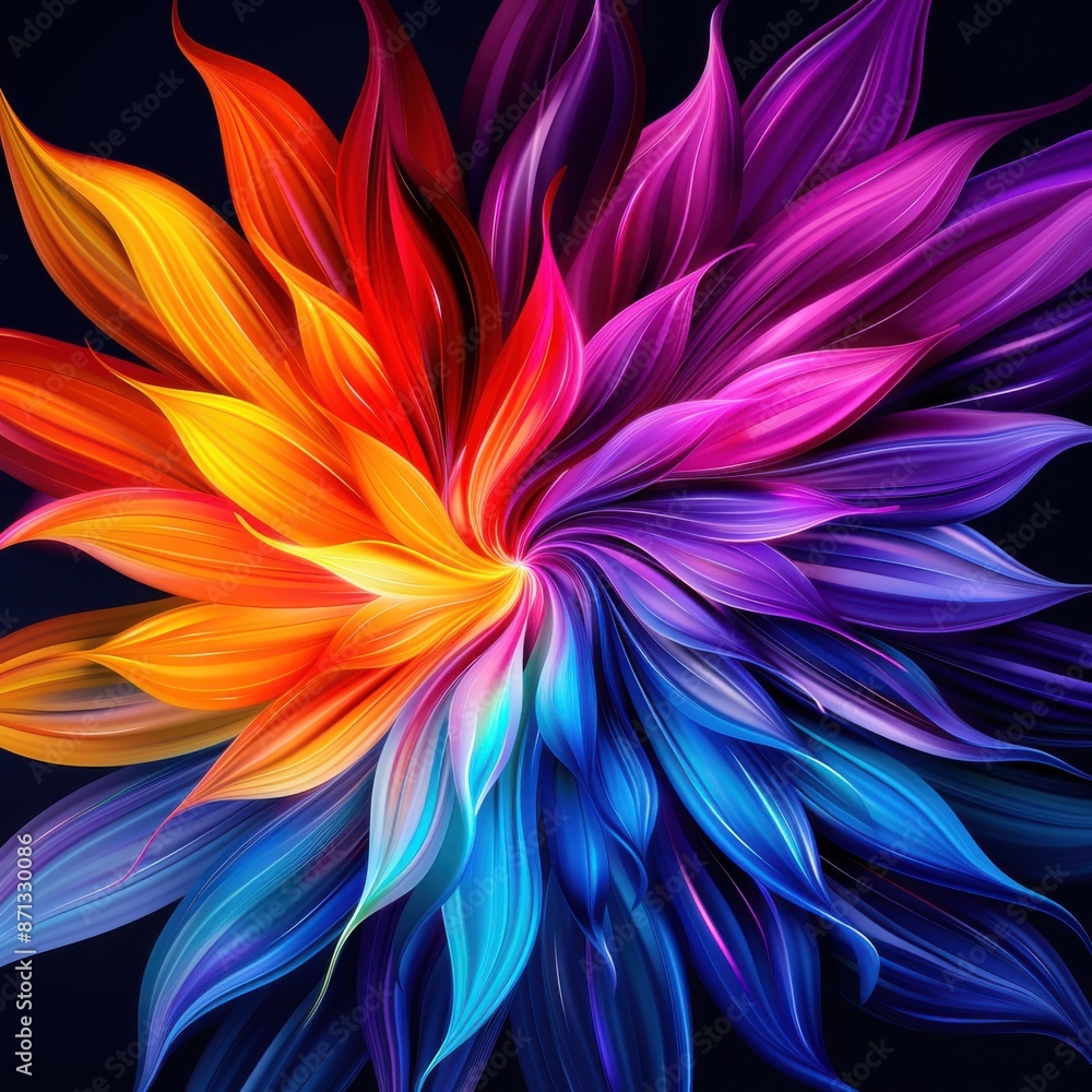 Colorful abstract flower petal pattern radiating from center, vibrant rainbow hues on dark background creating dynamic visual effect. Colorful abstract flower petal pattern radiating from center, vibrant rainbow hues on dark background creating dynamic visual effect.
