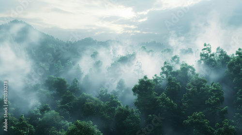 A captivating aerial view of a misty forest, where dense greenery emerges through the ethereal fog, evoking a sense of mystery and tranquility.