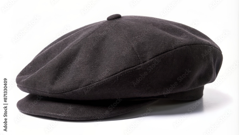 Classic black French cap beret lies isolated on white background, its soft curves and folds elegantly showcased in side profile view. Classic black French cap beret lies isolated on white background, its soft curves and folds elegantly showcased in side profile view.