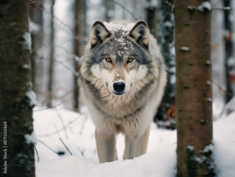 Majestic Wolf Standing in a Snowy Forest with a Curious and Intense Gaze Amidst Snow-Covered Trees Majestic Wolf Standing in a Snowy Forest with a Curious and Intense Gaze Amidst Snow-Covered Trees