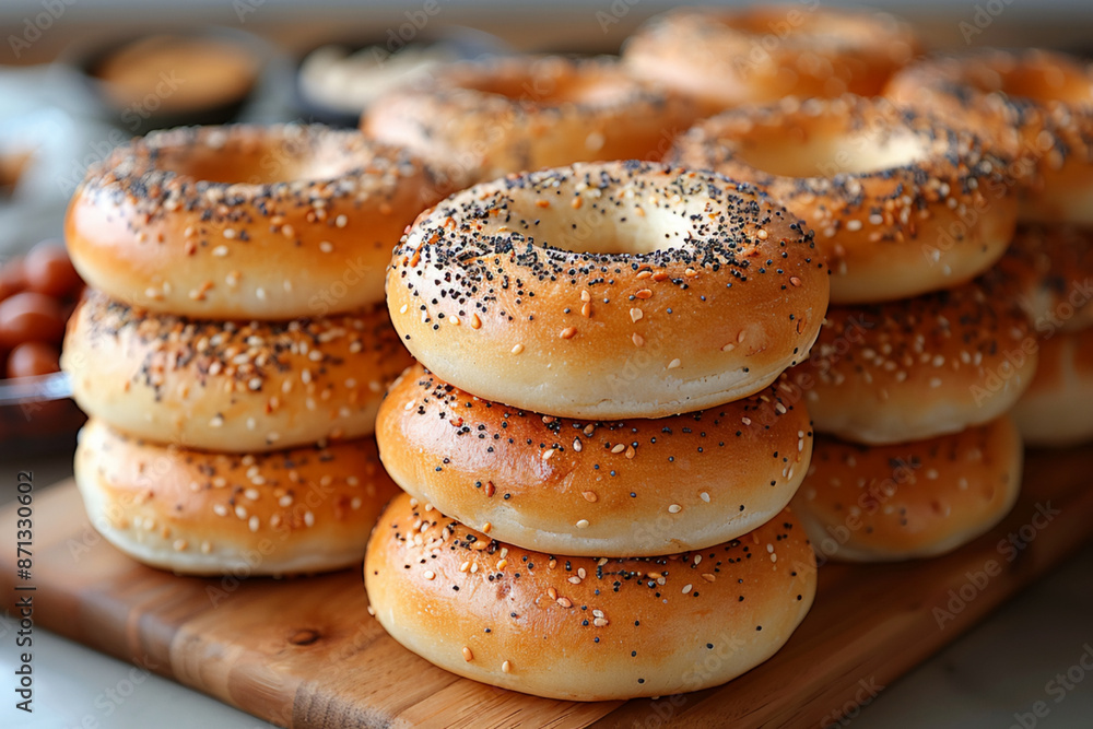 a pile of bagels sitting on top of a wooden cutting board a pile of bagels sitting on top of a wooden cutting board
