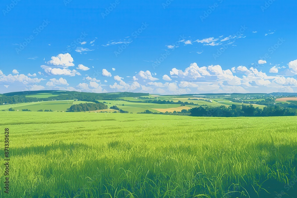 Fototapeta premium Summer Landscape with Lush Green Fields and Blue Sky