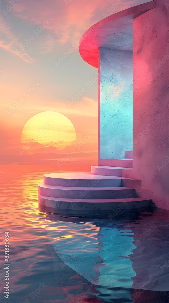 3d render round platform on water with glass wall panels. Minimal landscape mockup for product showcase banner in rainbow colors. Modern design promotion mock up. Geometric background with empty space 3d render round platform on water with glass wall panels. Minimal landscape mockup for product showcase banner in rainbow colors. Modern design promotion mock up. Geometric background with empty space
