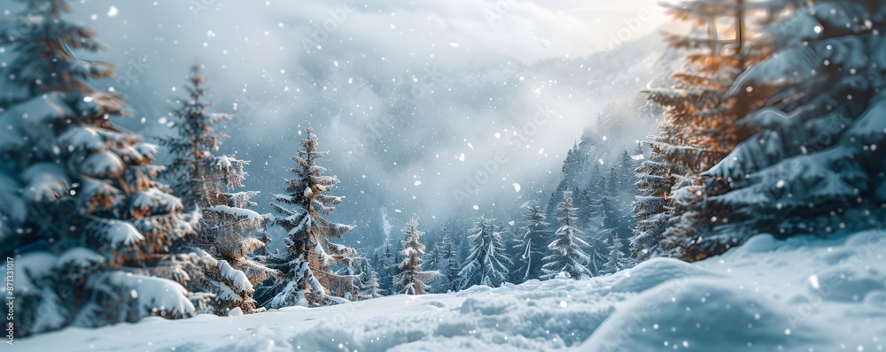 Serene Snow Covered Mountain Forest Landscape in Winter Wonderland Serene Snow Covered Mountain Forest Landscape in Winter Wonderland
