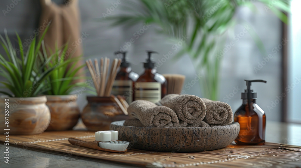 Spa essentials on a table with plants, towels, soap, and aromatherapy products. Concept of relaxation, self-care, and wellness. Spa essentials on a table with plants, towels, soap, and aromatherapy products. Concept of relaxation, self-care, and wellness.