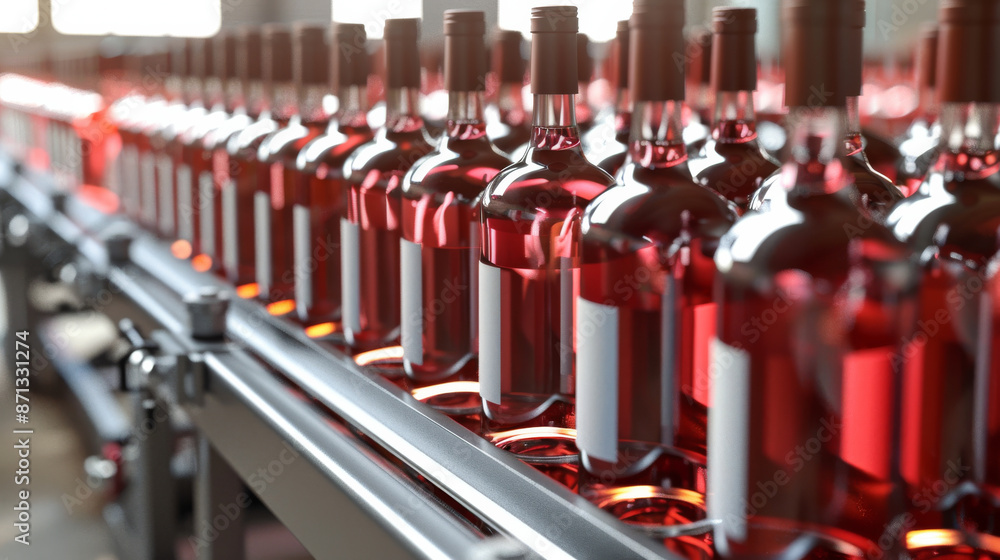 A modern factory line diligently processes rows of sparkling red wine bottles, showcasing efficiency and precision. A modern factory line diligently processes rows of sparkling red wine bottles, showcasing efficiency and precision.