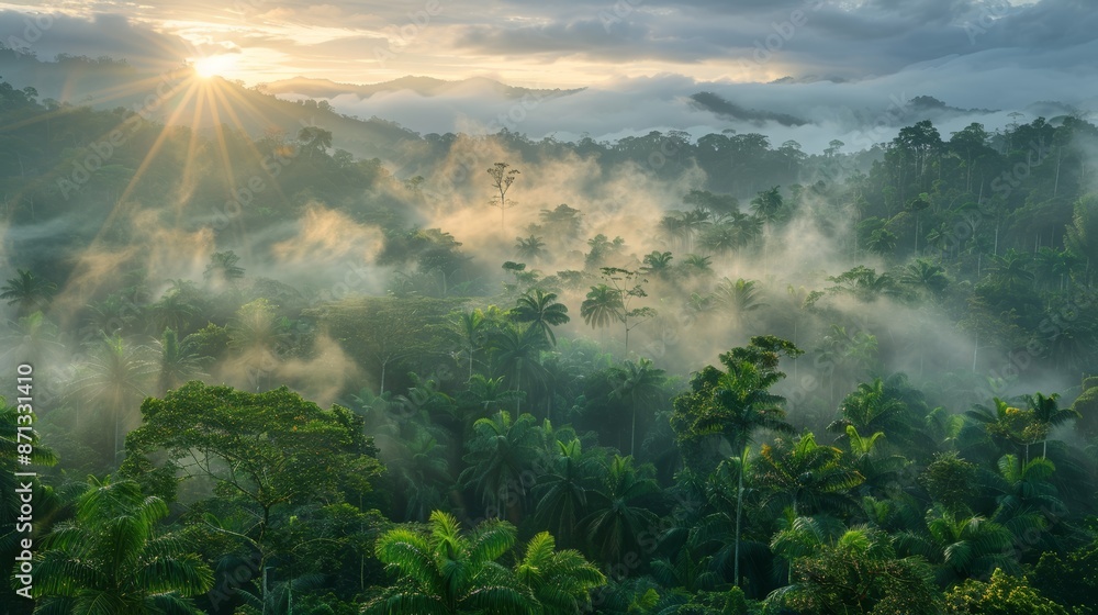 panoramic view of the dense, mist-covered rainforest at dawn, with the first rays of sunlight breaking through the canopy, creating a magical scene Generative AI panoramic view of the dense, mist-covered rainforest at dawn, with the first rays of sunlight breaking through the canopy, creating a magical scene Generative AI