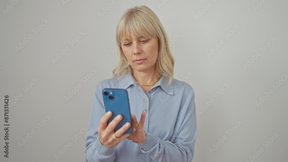 Confident blonde woman trusts her instincts while pensively thinking and texting, displaying sober expression and attitude on isolated white background. Confident blonde woman trusts her instincts while pensively thinking and texting, displaying sober expression and attitude on isolated white background.