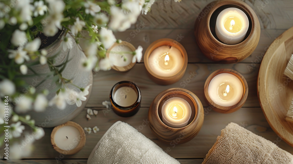 Scenic arrangement of lit candles with white flowers, towels, and wooden bowls on wooden surface. Spa, relaxation, wellness and aromatherapy concept. Scenic arrangement of lit candles with white flowers, towels, and wooden bowls on wooden surface. Spa, relaxation, wellness and aromatherapy concept.