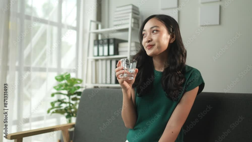 Young woman happily drinks water and smiles on a cozy sofa in a modern living room filled with natural light and indoor plants. Perfect for lifestyle, wellness, and home decor themes Young woman happily drinks water and smiles on a cozy sofa in a modern living room filled with natural light and indoor plants. Perfect for lifestyle, wellness, and home decor themes