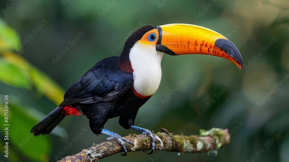colorful toucan perched on a branch in the rainforest, its bright plumage standing out against the green backdrop of the forest Generative AI colorful toucan perched on a branch in the rainforest, its bright plumage standing out against the green backdrop of the forest Generative AI