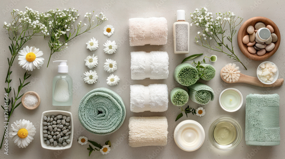 Spa and Wellness concept. Top view of natural spa products, towels, flowers and essential oils on grey background. Perfect for relaxation, self-care and aromatherapy. Spa and Wellness concept. Top view of natural spa products, towels, flowers and essential oils on grey background. Perfect for relaxation, self-care and aromatherapy.