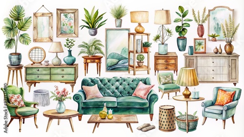 Whimsical watercolor illustrations of stylish furniture pieces, decorative accents, and textiles, composing a charming interior design room collection. © DigitalArt Max