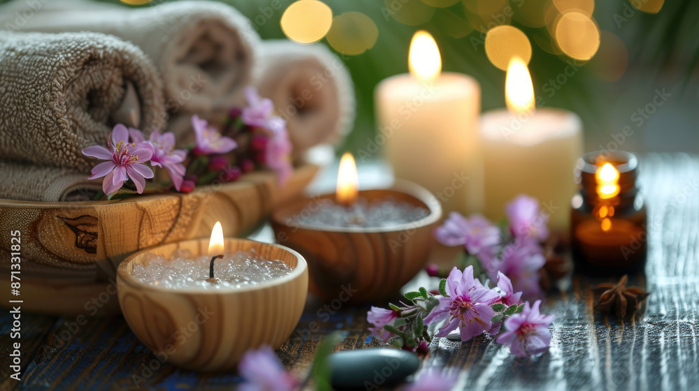 Spa and wellness treatment set up with towels, candles, flowers, and essential oils. Relaxing aromatherapy and self-care concept. Spa and wellness treatment set up with towels, candles, flowers, and essential oils. Relaxing aromatherapy and self-care concept.