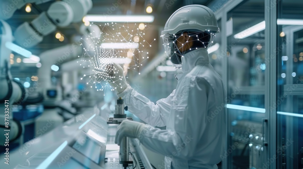 An industrial setting where integrated sensing and communication technologies are optimizing manufacturing processes. Robots and automated systems are connected through 6G networks, ensuring precise An industrial setting where integrated sensing and communication technologies are optimizing manufacturing processes. Robots and automated systems are connected through 6G networks, ensuring precise