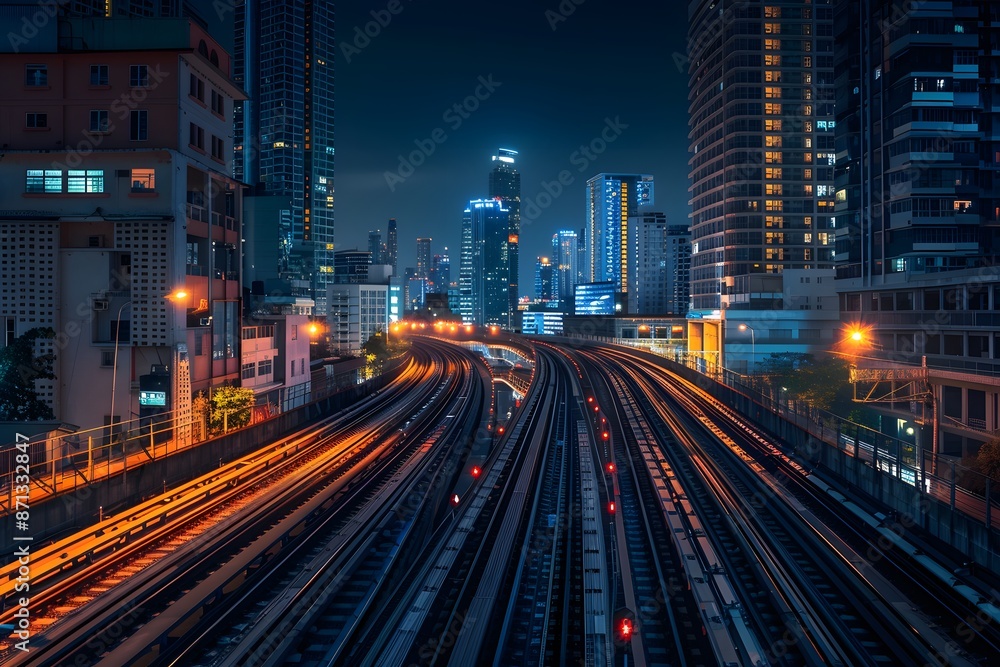Naklejka premium A city skyline at night with train tracks running through it