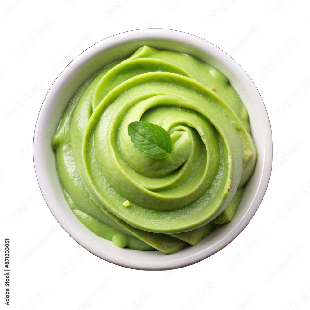 Avocado mousse on white bowl top view isolated on transparent background Avocado mousse on white bowl top view isolated on transparent background