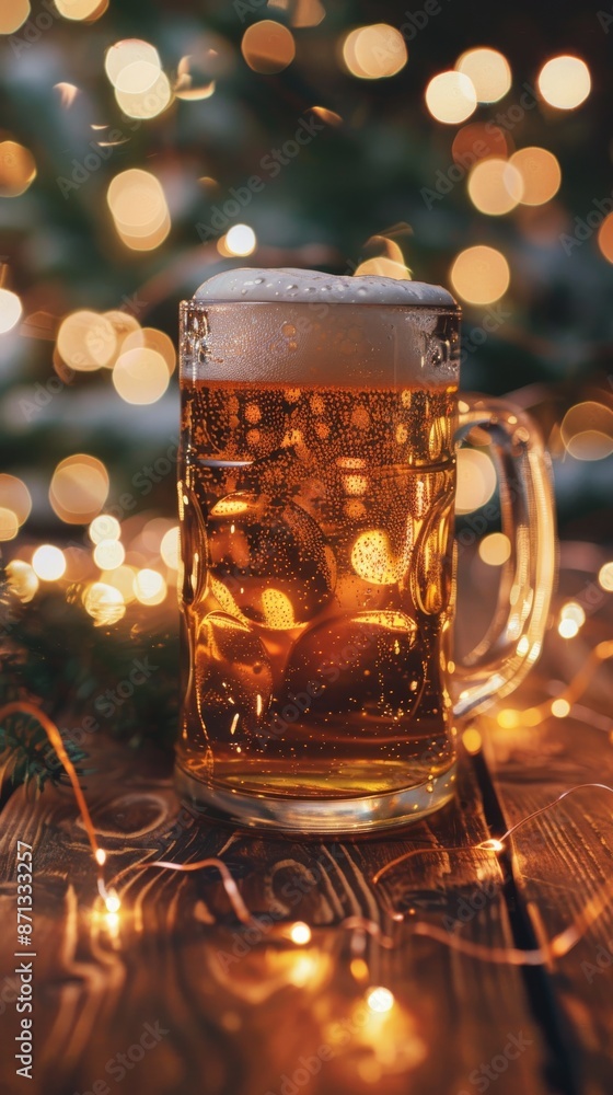 Festive beer mug on a wooden table with bokeh lights, cozy holiday atmosphere