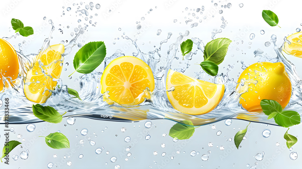 Lemon water splash isolated on a white transparent background, png. Lemon fruit slice, leaves and water splash. background water wave, citrus piece and mint foliage flying Lemon water splash isolated on a white transparent background, png. Lemon fruit slice, leaves and water splash. background water wave, citrus piece and mint foliage flying