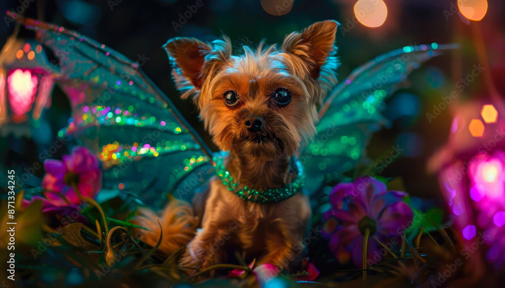 Naklejka premium Fairy Dog in a Magical Garden