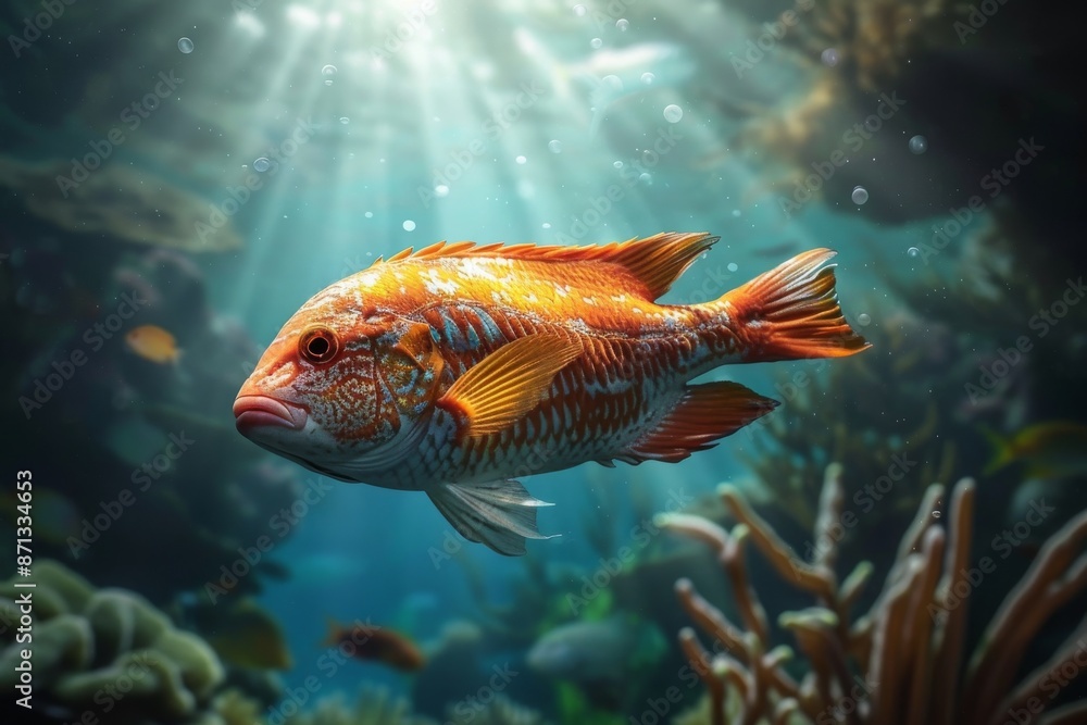 A close-up of a vibrant orange and white fish with a red eye, swimming through a coral reef, sunbeams shining through the water A close-up of a vibrant orange and white fish with a red eye, swimming through a coral reef, sunbeams shining through the water