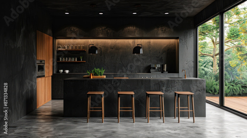 Modern Minimalist Black Kitchen Interior Design with Island and Natural Light. Dark and moody home decor with wood accents. photo