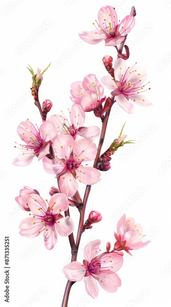 Branch of blooming pink cherry blossoms isolated on white background, close-up. Springtime floral concept