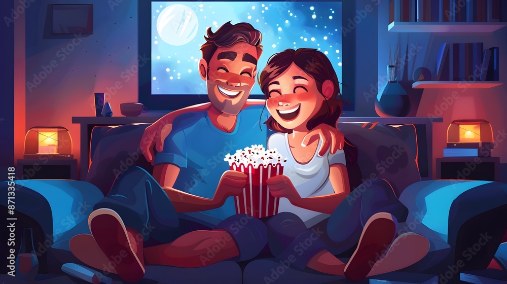 © Farid - Happy couple eating popcorn and watching TV while relaxing on the sofa.