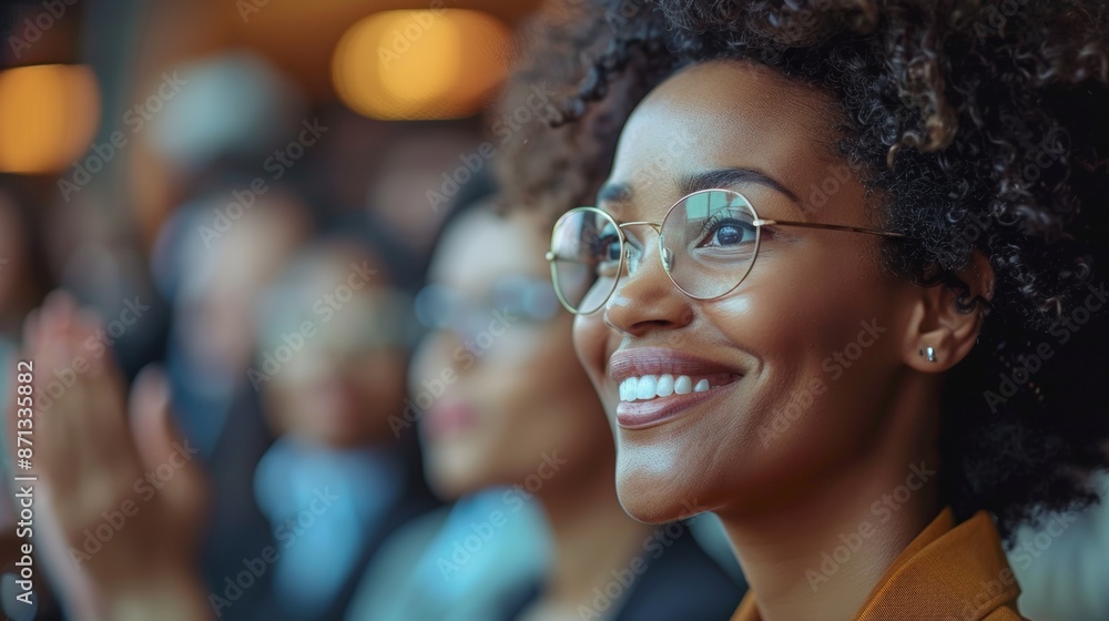 focus on a smiling black businesswoman claps joyfully at an event, set against an office background in featuring hyper-realistic details and natural light. focus on a smiling black businesswoman claps joyfully at an event, set against an office background in featuring hyper-realistic details and natural light.