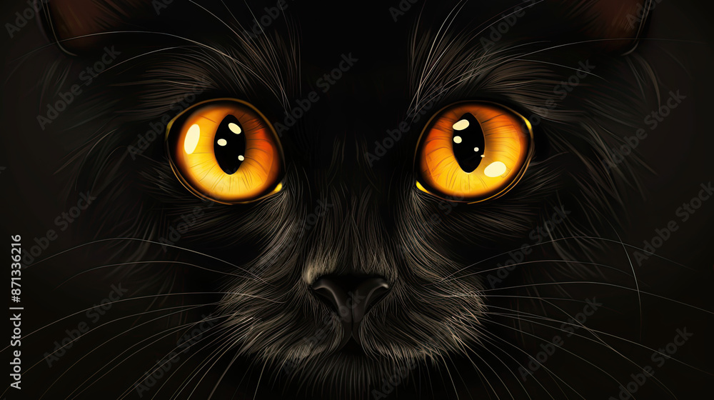 close up of a black cat face with yellow eyes over black background