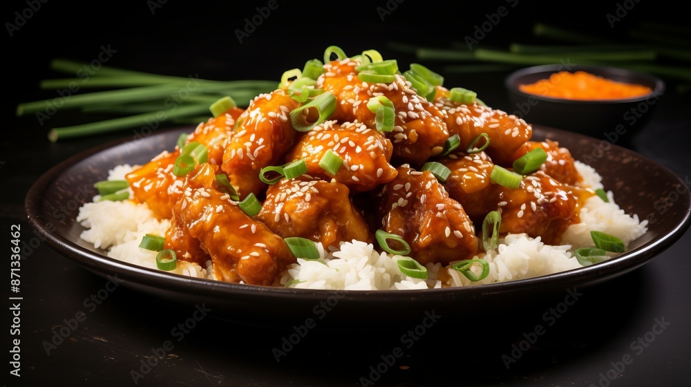 Savory asian orange chicken with fresh green onions on a rustic wooden table, ideal for food blogs and restaurant menus
Savory asian orange chicken with fresh green onions on a rustic wooden table, ideal for food blogs and restaurant menus