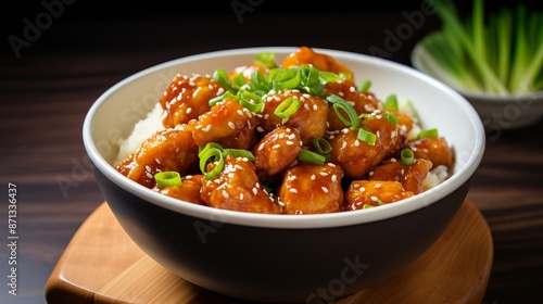 Savory asian orange chicken with fresh green onions on a rustic wooden table, ideal for food blogs and restaurant menus 