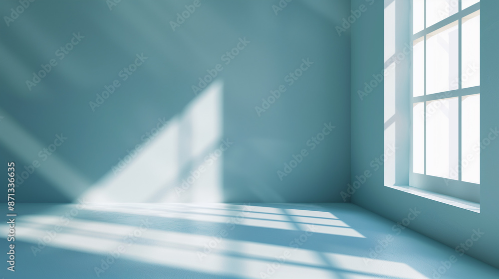 Simple light blue background with minimalistic design for presenting products, featuring shadows and natural light from windows on the wall. Simple light blue background with minimalistic design for presenting products, featuring shadows and natural light from windows on the wall.