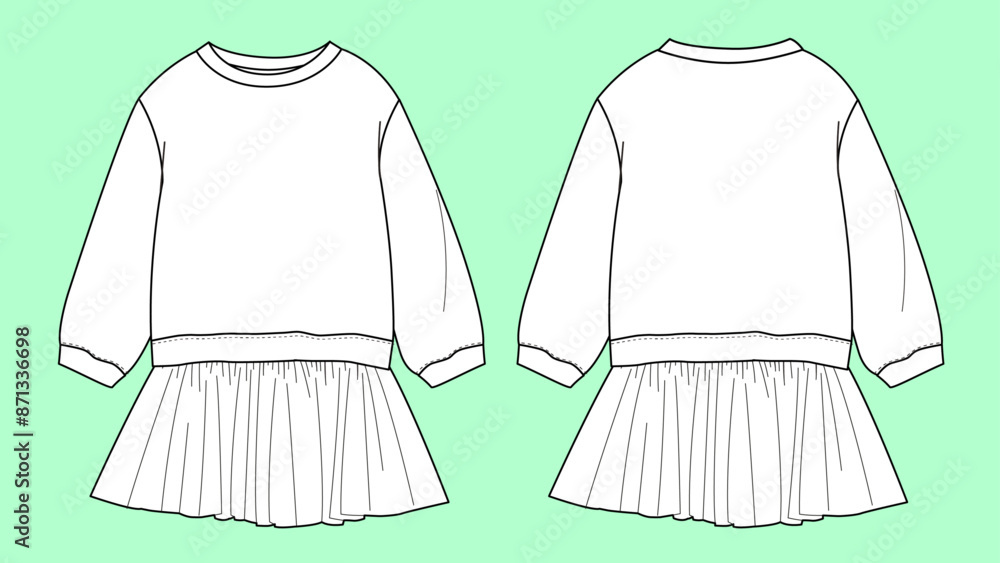 Obraz premium Girls sweatshirt with tutu fashion flat sketch with front and back view vector. 