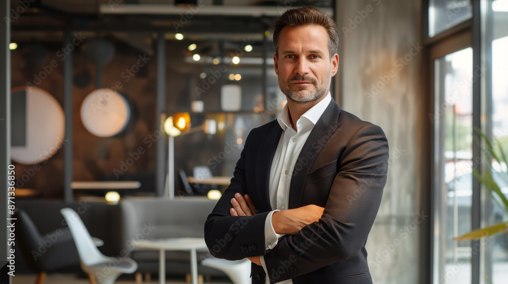businessman standing in modern office looking at camera businessman standing in modern office looking at camera