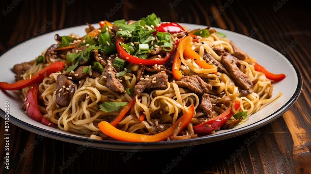 Asian stir-fried noodles with beef, peppers, and onions in a flavorful soy sauce glaze, vibrant and colorful pan-cooked dish showcasing a delicious blend of textures and flavors, perfect for asian cui Asian stir-fried noodles with beef, peppers, and onions in a flavorful soy sauce glaze, vibrant and colorful pan-cooked dish showcasing a delicious blend of textures and flavors, perfect for asian cui