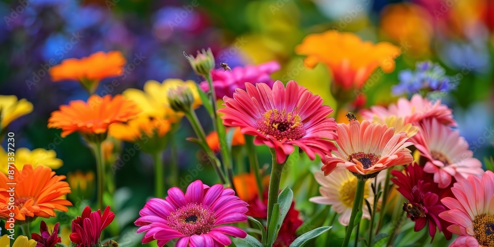A vibrant flower garden in full bloom, attracting bees and butterflies with its riot of colors and fragrances A vibrant flower garden in full bloom, attracting bees and butterflies with its riot of colors and fragrances