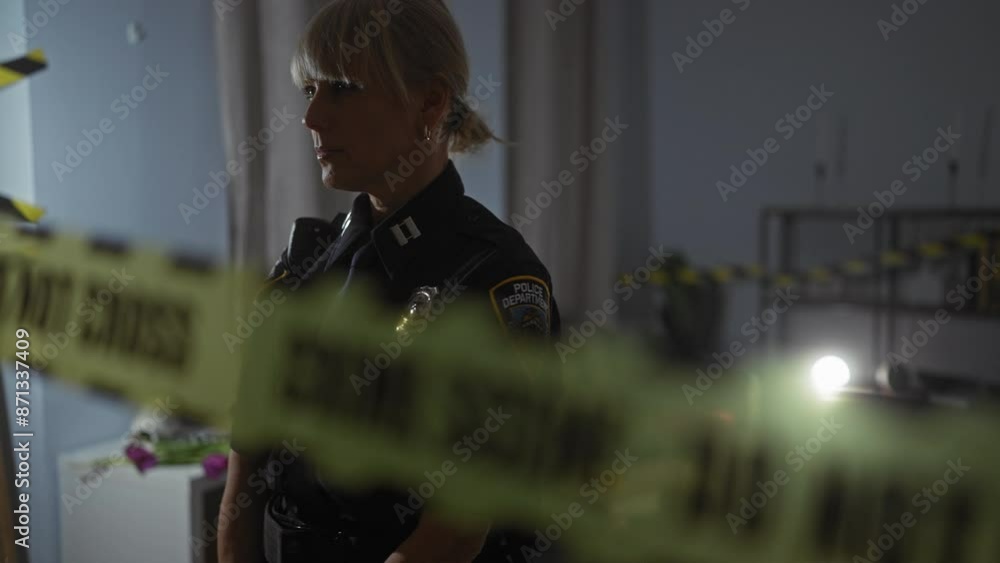 A female officer in uniform investigates an indoor crime scene, caution tape and evidence in a dimly lit room. A female officer in uniform investigates an indoor crime scene, caution tape and evidence in a dimly lit room.