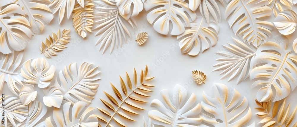 Obraz premium Elegant White and Gold Tropical Leaves Pattern on Light Background - Modern Botanical Design