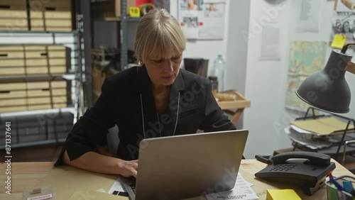 Focused blonde woman detective working at her desk in a police station with a laptop, phone, and case files.