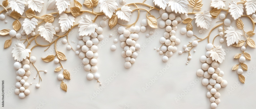 Elegant White and Gold Grapevine Wall Art - Luxurious 3D Decorative Design with Leaves and Grapes Elegant White and Gold Grapevine Wall Art - Luxurious 3D Decorative Design with Leaves and Grapes