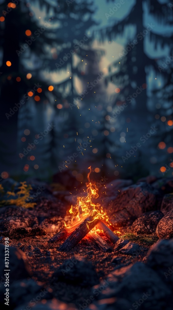 Fototapeta premium Campfire in forest at dusk, glowing embers and warm light. Outdoor adventure and camping concept