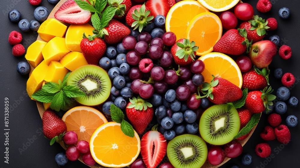 Assortment of fresh fruits and berries platter background, including strawberries, raspberries, oranges, plums, apples, kiwis, grapes, blueberries, and mango, top view with selective focus
Assortment of fresh fruits and berries platter background, including strawberries, raspberries, oranges, plums, apples, kiwis, grapes, blueberries, and mango, top view with selective focus