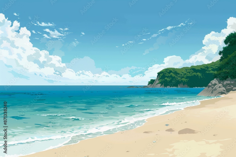 Seascape with Lush Green Cliff and Blue Sky Seascape with Lush Green Cliff and Blue Sky