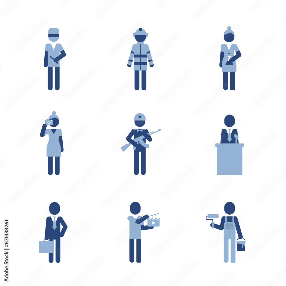 Professions pictograms with engineer, mechanic, business, electrician, firefighter, repair specialist, politician, nurse. Job occupation pictogram set. Symbol icons. Professions pictograms with engineer, mechanic, business, electrician, firefighter, repair specialist, politician, nurse. Job occupation pictogram set. Symbol icons.