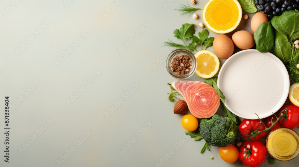 Top view of a balanced diet with organic food for healthy nutrition, featuring fresh fruits, vegetables, and whole grains on a clean white background, highlighting the importance of nutritious eating Top view of a balanced diet with organic food for healthy nutrition, featuring fresh fruits, vegetables, and whole grains on a clean white background, highlighting the importance of nutritious eating