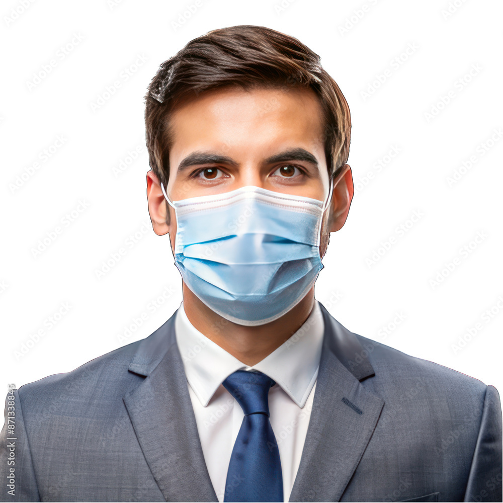 Businessman wearing light blue mask portrait isolated on transparent background Businessman wearing light blue mask portrait isolated on transparent background