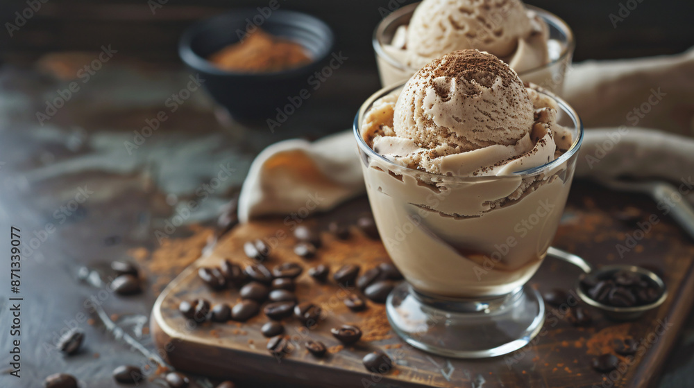 A sweet coffee ice cream dessert served in a glass cup, perfect for summer refreshment and indulgence.